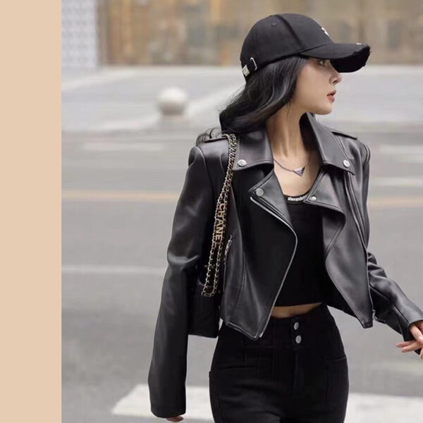 High Waist Black Lapel Zipper Jacket - Image 4