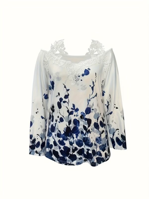 Casual Plant-Print Lace Trim Top - Image 3