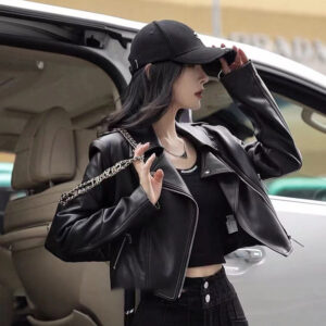 Fashion Black Jacket Lapel High Waist Zipper