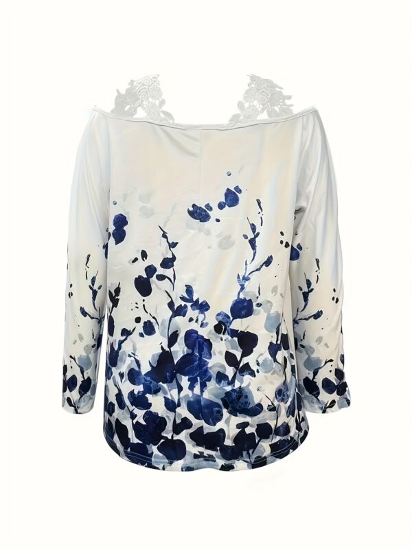 Casual Plant-Print Lace Trim Top - Image 2