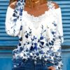 Casual Plant-Print Lace Trim Top