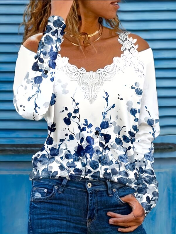 Casual Plant-Print Lace Trim Top