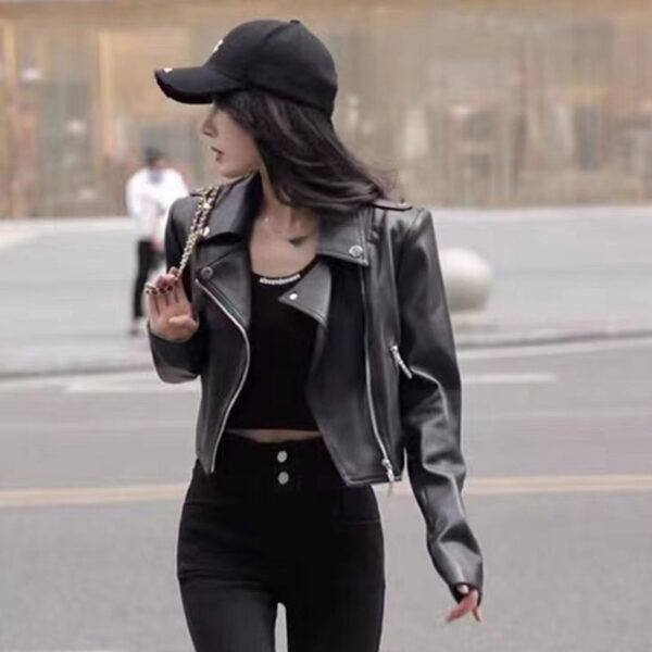 High Waist Black Lapel Zipper Jacket - Image 2