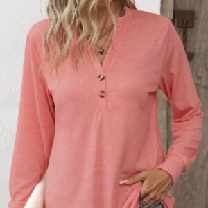Button Peach/Red Open Neck Casual Top