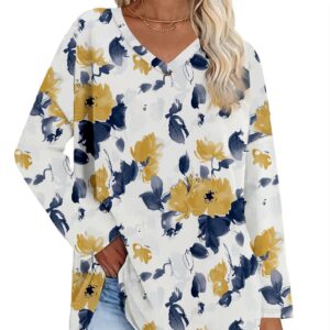 Flower Print Casual Long Sleeved V-neck Top