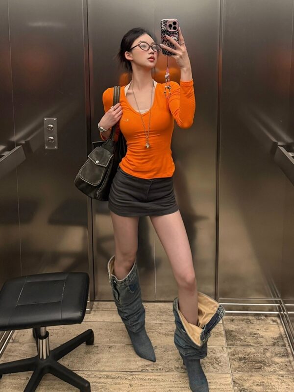 Long Sleeve Rhinestone Inner Bottoming Slim Top - Image 5